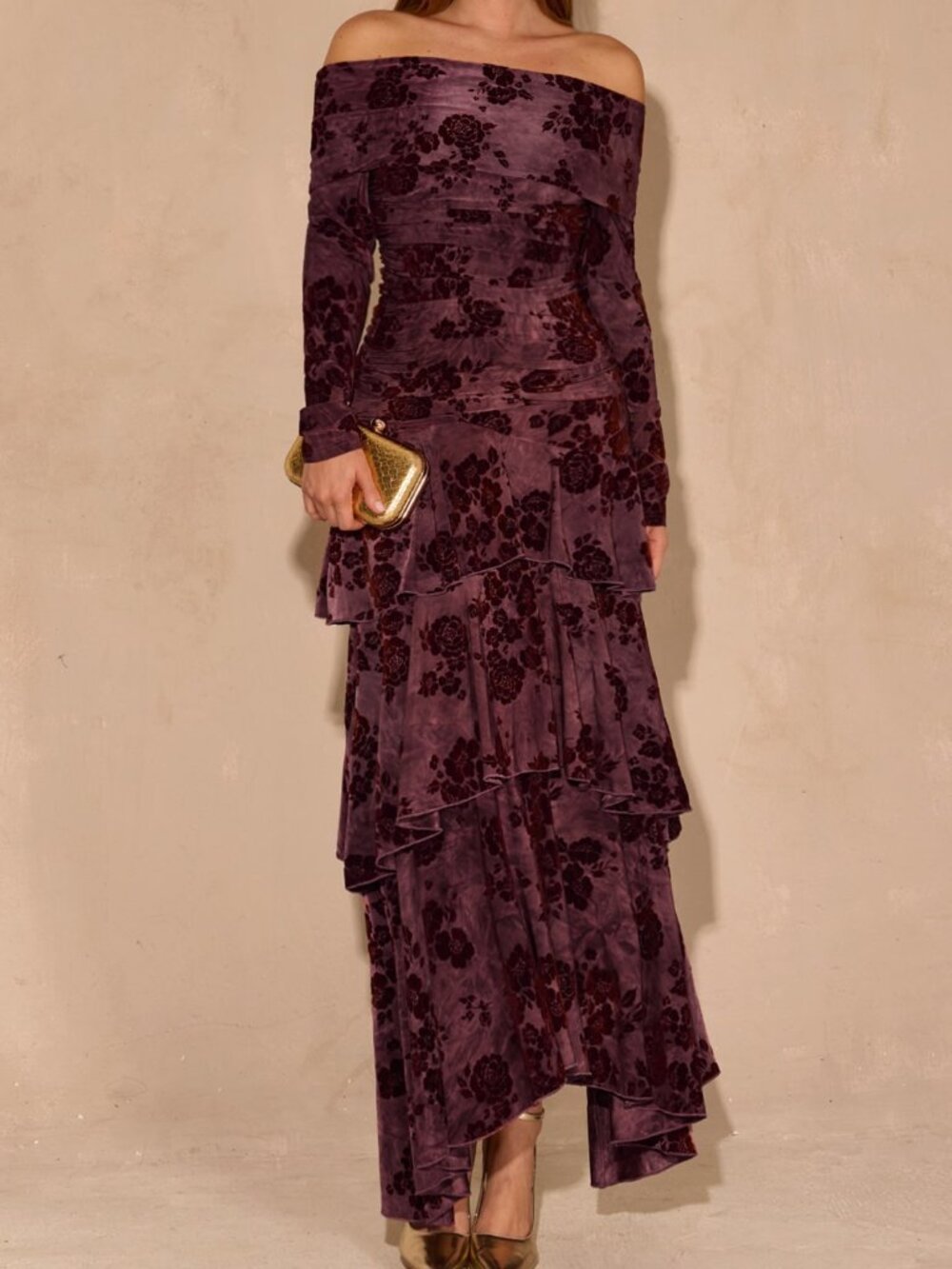 Burgundy Ruched Floral Off The Shoulder High Waist A-Line Dress - Picture 5 of 7